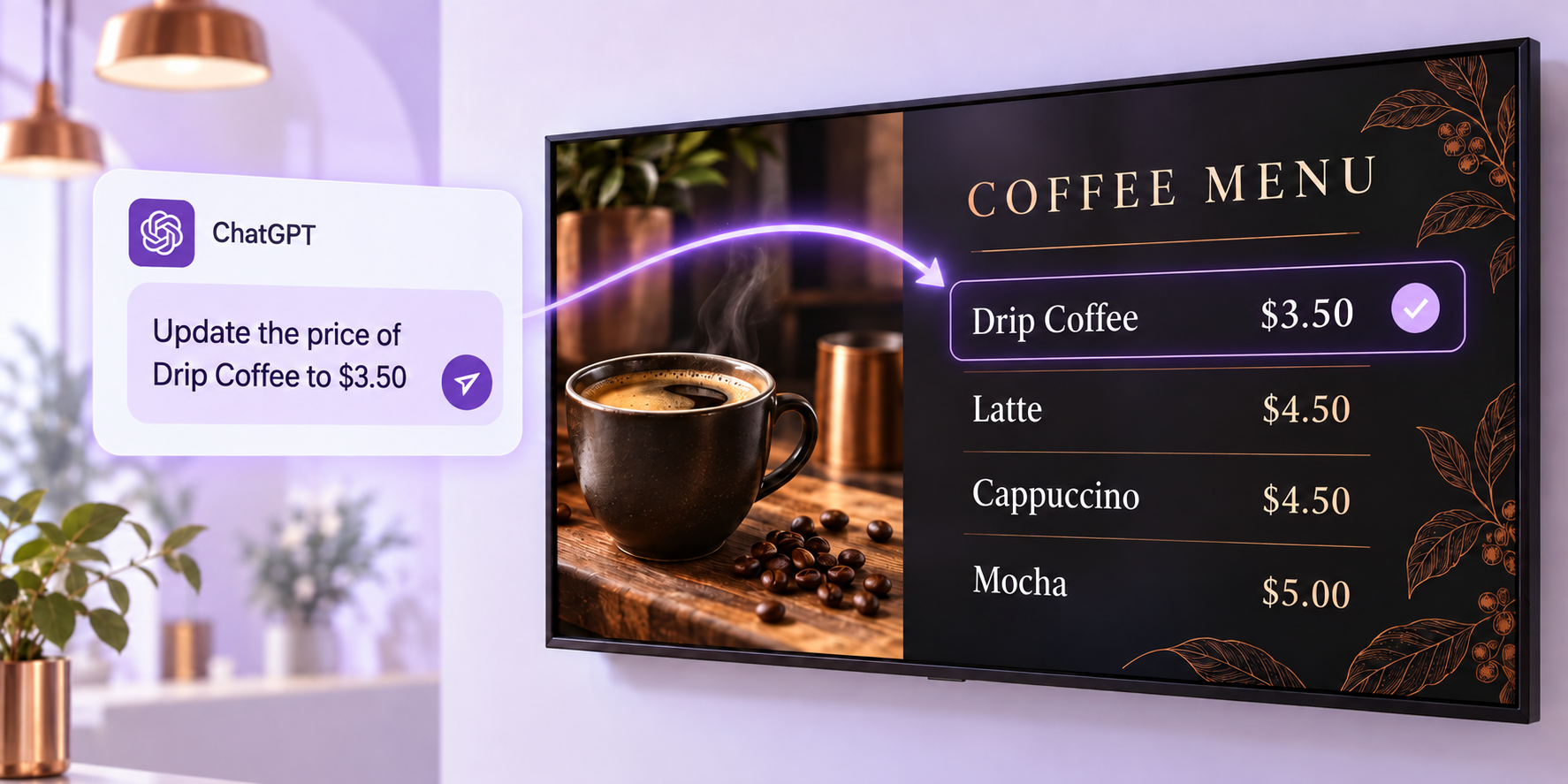 A ChatGPT request updates Drip Coffee to $3.50 on a multizone digital coffee menu.
